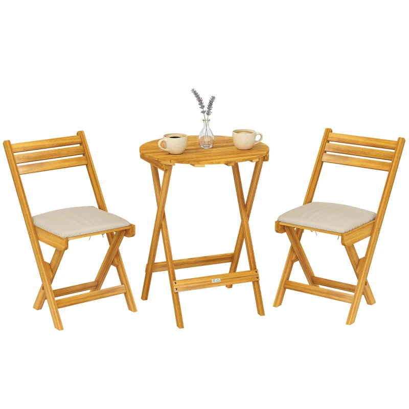 Outsunny Balkonmöbel Set 3 teilig FSC Holz klappbar Gartenmöbel Set mit runder Tisch 2 Stühle Sitzkissen Atmungsaktiv Lamellsitz