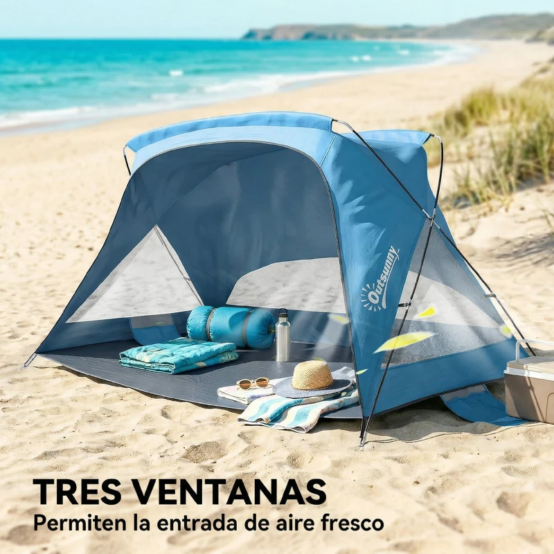 Outsunny Carpa de Playa para 2-3 Personas con Sacos de Arena, Puerta, Ventanas, UPF30+ Bolsa de Transporte Bolsillo Azul Cielo