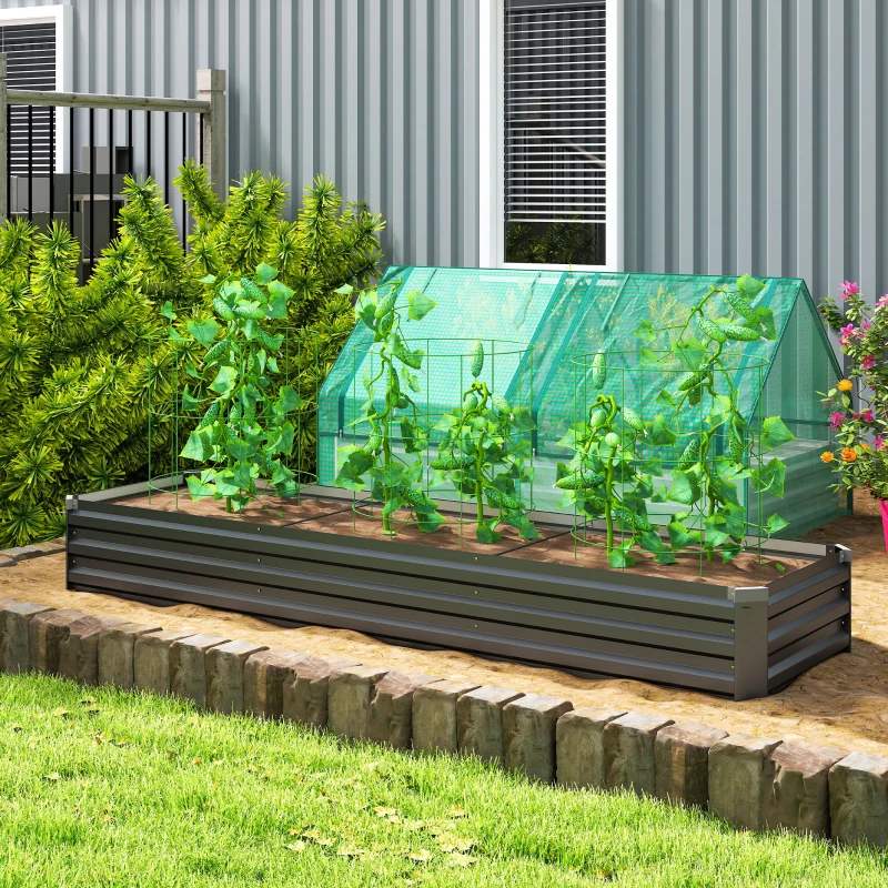 Outsunny Carré potager rectangulaire, lit de jardin surélevé en acier galvanisé, fond ouvert, 240 x 60 x 30 cm, gris foncé