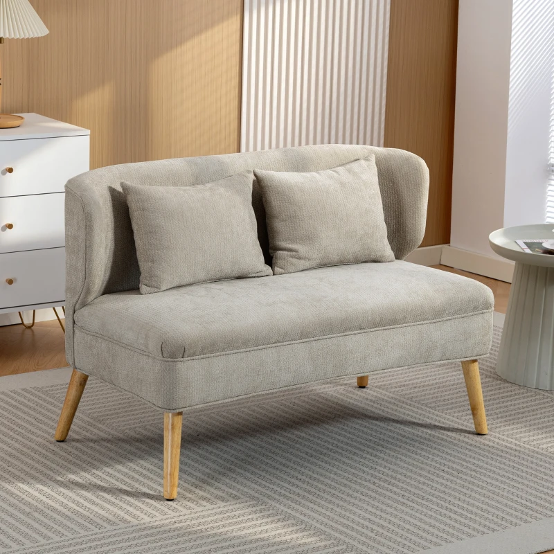 HOMCOM 2-zitsbank, kleine chenille-bank met vleugelrug, dikke zitting, rubberhouten poten, Beige