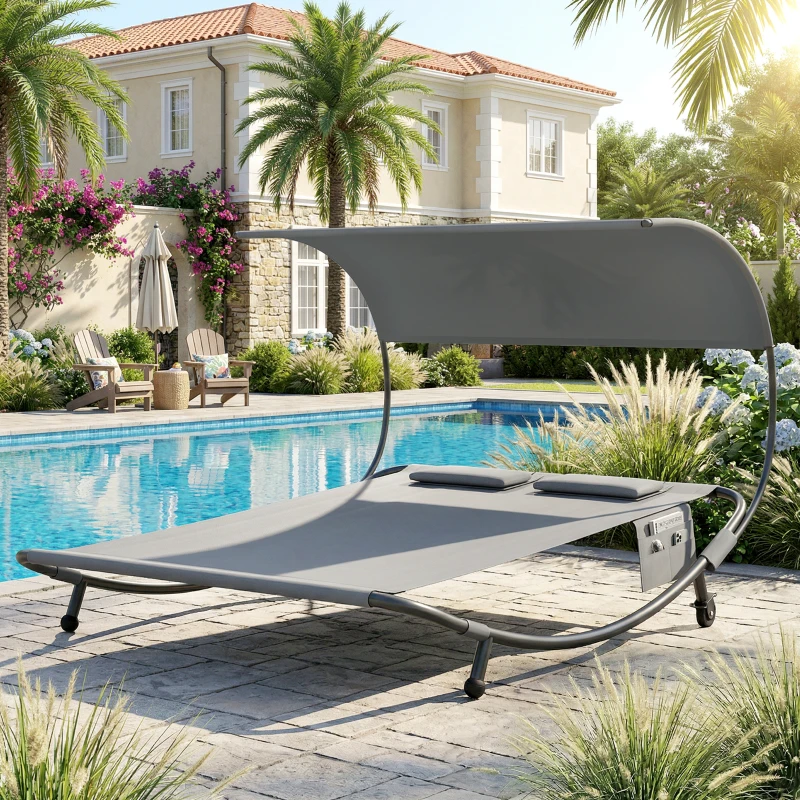 Outsunny Lettino Prendisole Doppio con Baldacchino Rimovibile, Ruote, Cuscini e Tasche, Grigio