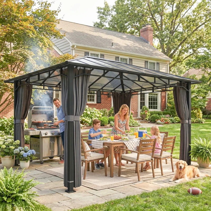 Outsunny 3 x 4 m Outdoor Hardtop Gazebo Canopy with PC Roof, Aluminium Permanent Pavilion Garden Gazebo with Curtains, Dark Grey