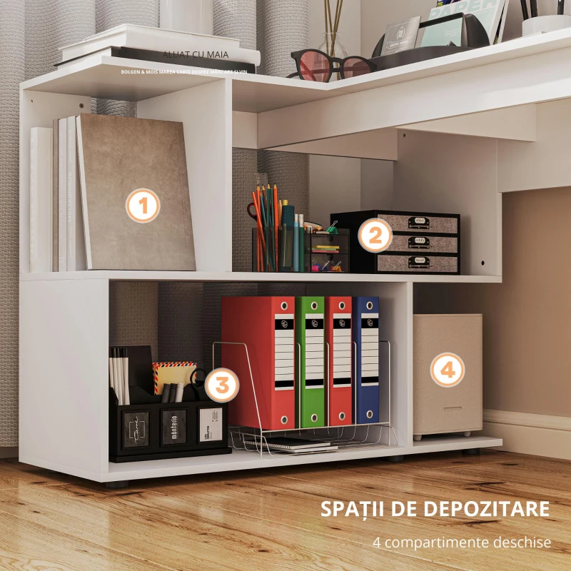 HOMCOM Birou în Formă de L cu 4 Compartimente de Depozitare, 120x100x77 cm, Alb Lucios(m-4)