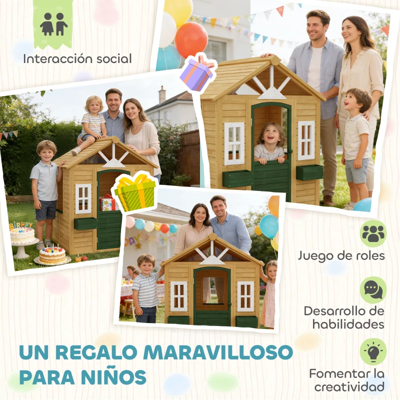 AIYAPLAY Casita Infantil Exterior e Interior de Madera Casita Infantil con 2 Maceteros 3 Ventanas Puerta para 3-8 Años Marrón