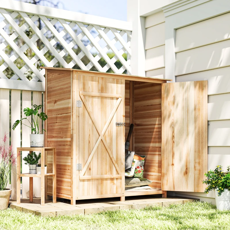 Outsunny Abri de jardin en bois armoire de jardin en bois avec table, toit en asphalte, 140 x 75 x 157 cm, effet bois naturel