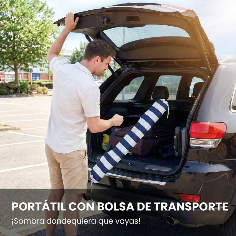 Outsunny Sombrilla de Playa con Flecos Ø180 cm Sombrilla de Terraza Exterior con Altura Ajustable Inclinación 30° Azul y Blanco