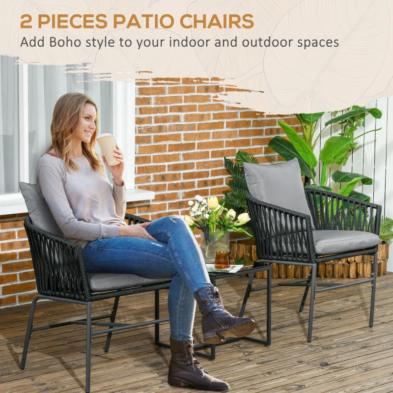 Outsunny Krzesła Ogrodowe, 2 szt., Design Boho, Poduszki na Siedzisko i Oparcie, Wygodna Powierzchnia Siedziska, Rama Metalowa, Czarny