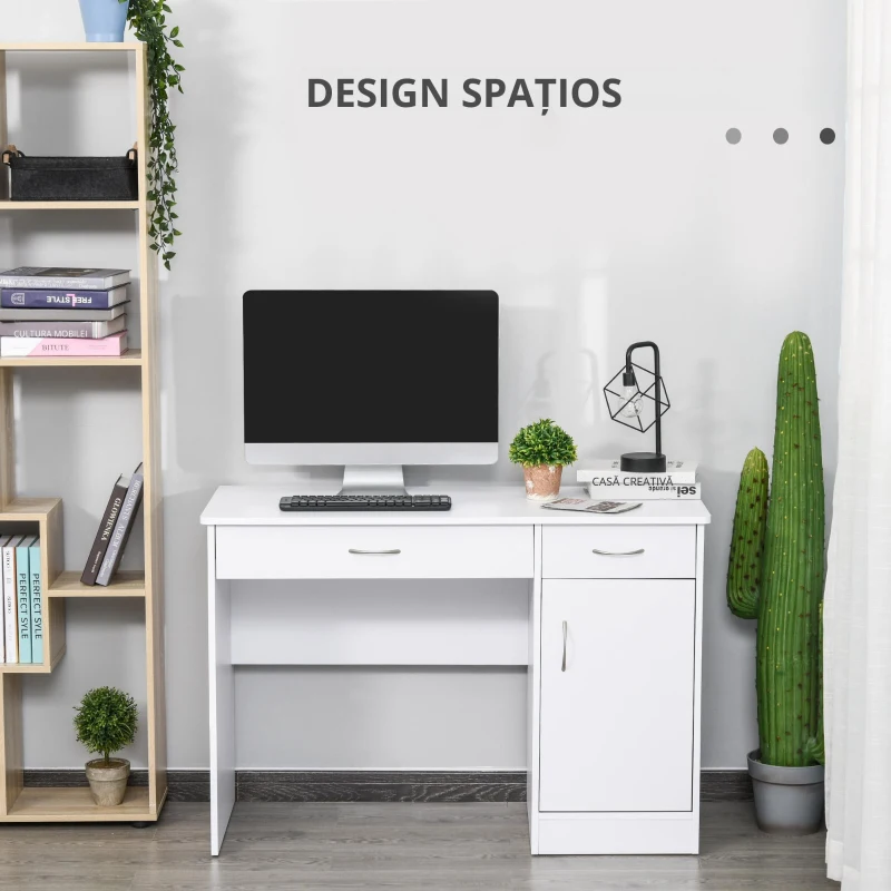 HOMCOM Birou PC Modern pentru Birou sau Camera cu 2 Sertare si Dulap din Lemn Alb