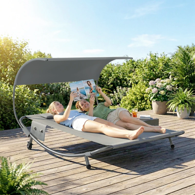 Outsunny Lettino Prendisole Doppio con Baldacchino Rimovibile, Ruote, Cuscini e Tasche, Grigio