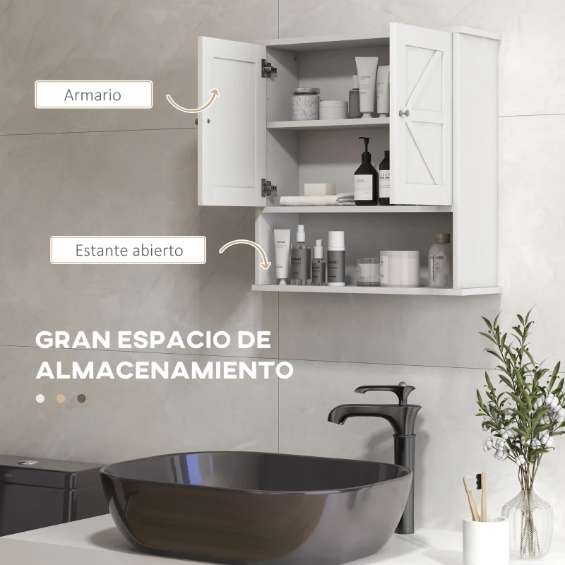 kleankin Armario de Baño de Pared Mueble de Baño Colgar Rústico con Compartimento Estante Ajustable 2 Puertas Blanco