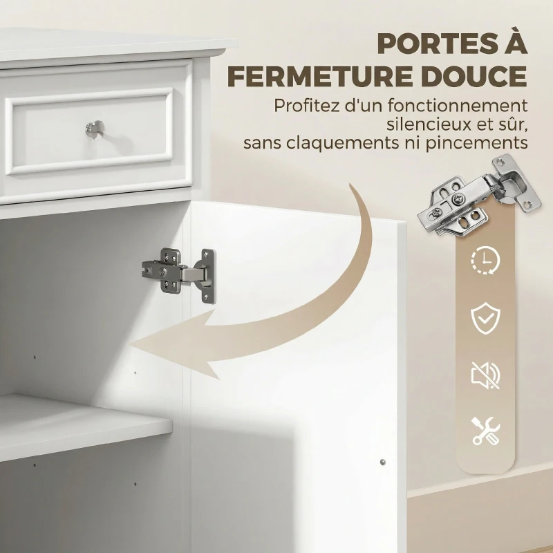 HOMCOM Buffet salon, meuble de rangement avec 3 tiroirs, 4 portes à fermeture douce et étagères réglables, blanc