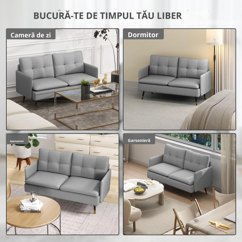 HOMCOM Canapea cu 2 Locuri din Material Textil cu Perne Capitonate, Canapea Modernă cu 2 Locuri cu Picioare din Oțel 139x68x80cm, Gri
