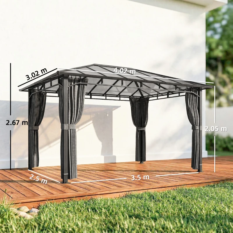 Outsunny 3 x 4 m Outdoor Hardtop Gazebo Canopy with PC Roof, Aluminium Permanent Pavilion Garden Gazebo with Curtains, Dark Grey