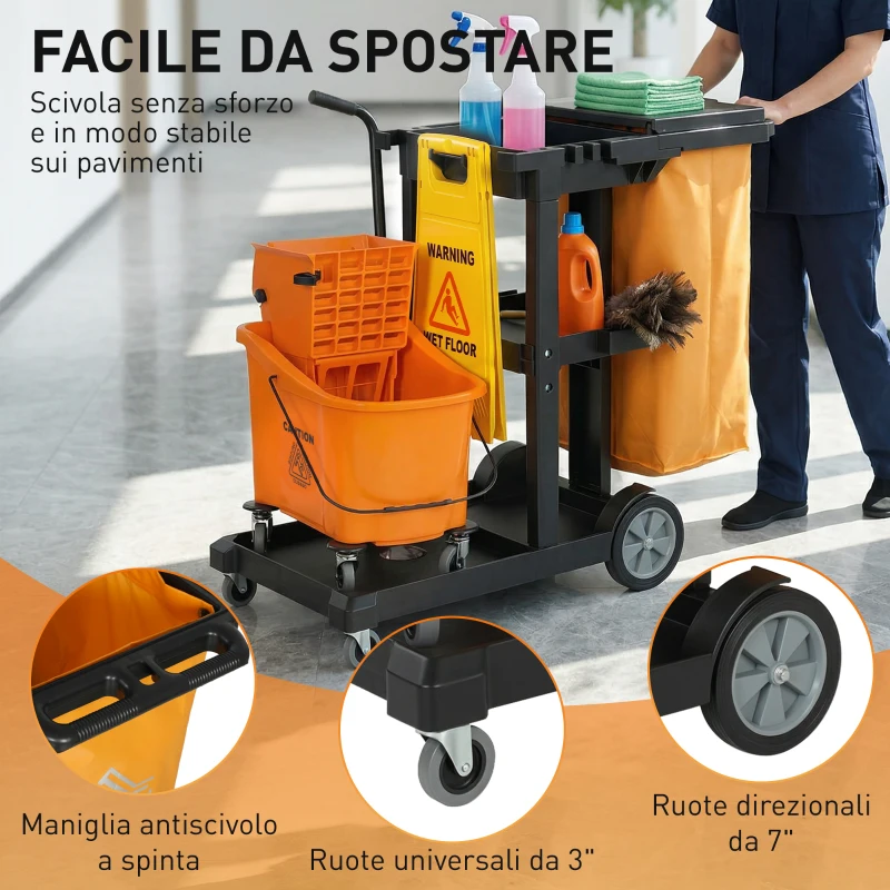 HOMCOM Carrello Pulizie: Ruote, 3 Ripiani, Sacco 70L, Secchio con Strizzatore.