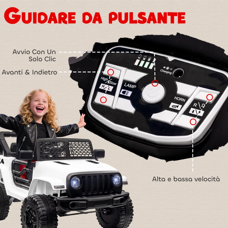 HOMCOM Macchina Elettrica per Bambini Jeep Fuoristrada con Telecomando e 2 Velocità, 100x65x72 cm, Bianco