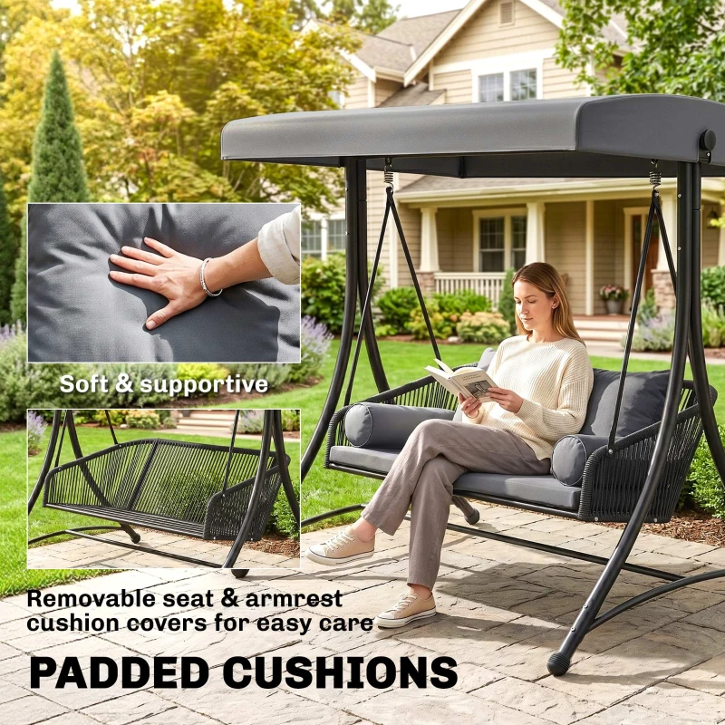 Outsunny Balancelle rotin 2 places avec toit solaire réglable, coussin moelleux, cadre en A Gris foncé