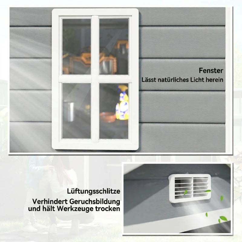 Outsunny Metall-Gartenschuppen, abschließbar, Doppeltür, Fenster, Aluminiumrahmen, 1,80 x 1,30 x 2,10 m, Grau(m-7)