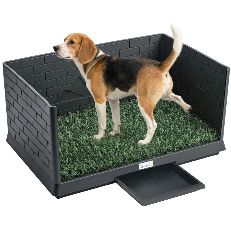 PawHut Hundetoilette 75 x 51 cm Hundeklo mit Kunstrasen Welpentoilette mit hohen Wänden herausziehbarer Schale Drainage Schwarz