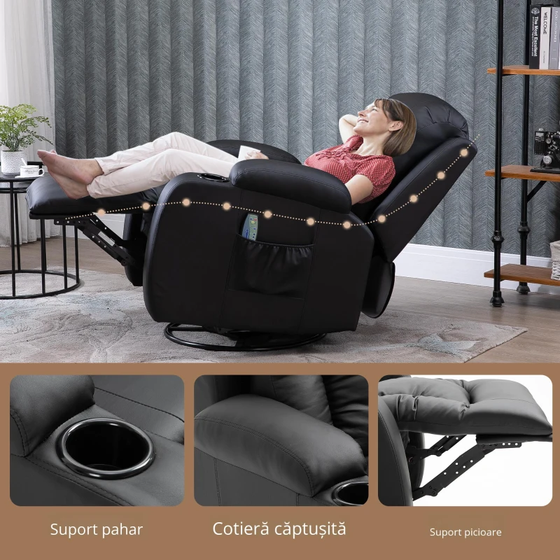 Homcom Fotoliu Masaj & incalzire – 8 Zone, Piele Eco, inclinabil 150°