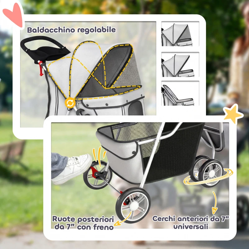 PawHut Passeggino per Cani Pieghevole con Portabicchieri e Cestino, 77x44x102 cm, Grigio
