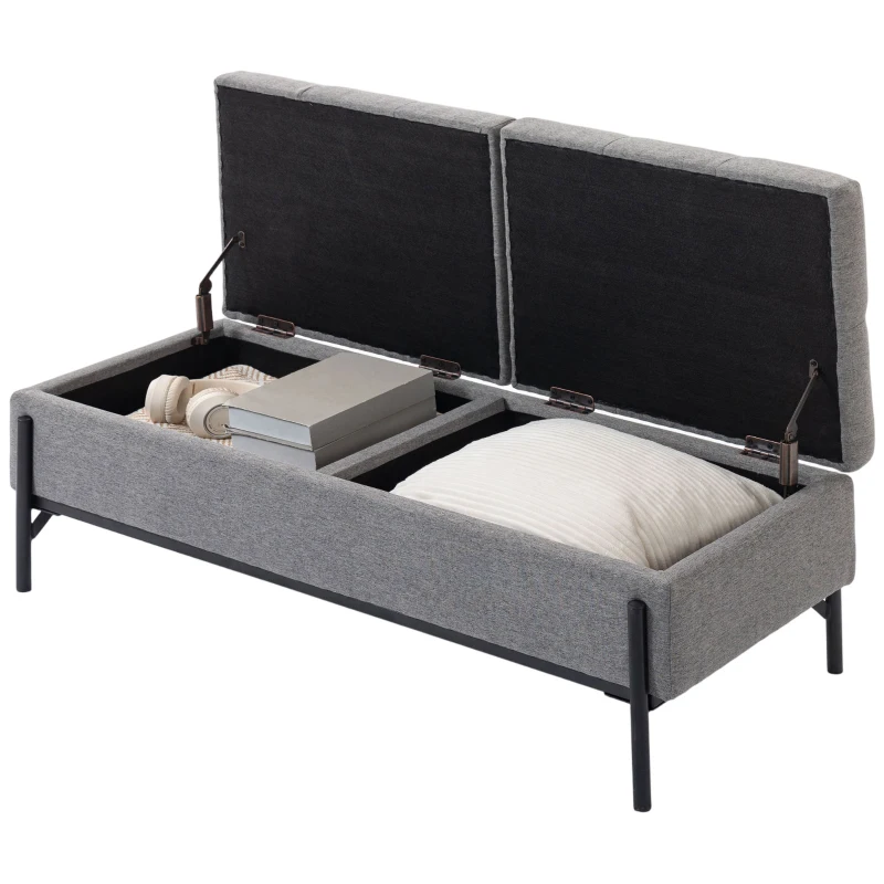 HOMCOM Panca Contenitore in Lino, Panca da Letto con 2 Scomparti, Coperchi Ribaltabili e Imbottitura Extra Spessa, 117x50x44 cm, Grigio