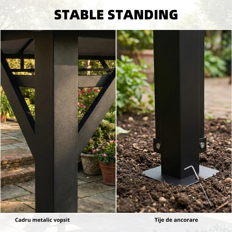 Outsunny Foișor de Grădină 4x3 m cu Perdele Laterale Rulante, Foișor Exterior cu 8 Orificii de Drenaj, Acoperiș Dublu și Structură Metalică, pentru Grădină, Balcon, Petreceri, Curte, Terasă, Gri Închis