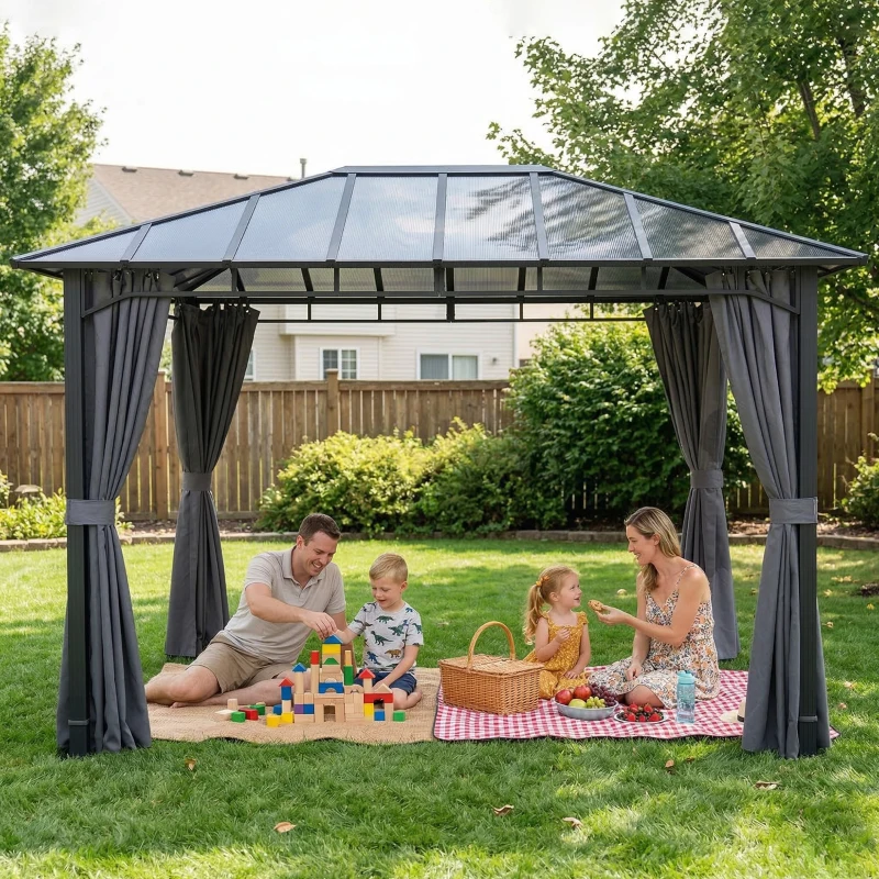 Outsunny 3 x 4 m Outdoor Hardtop Gazebo Canopy with PC Roof, Aluminium Permanent Pavilion Garden Gazebo with Curtains, Dark Grey