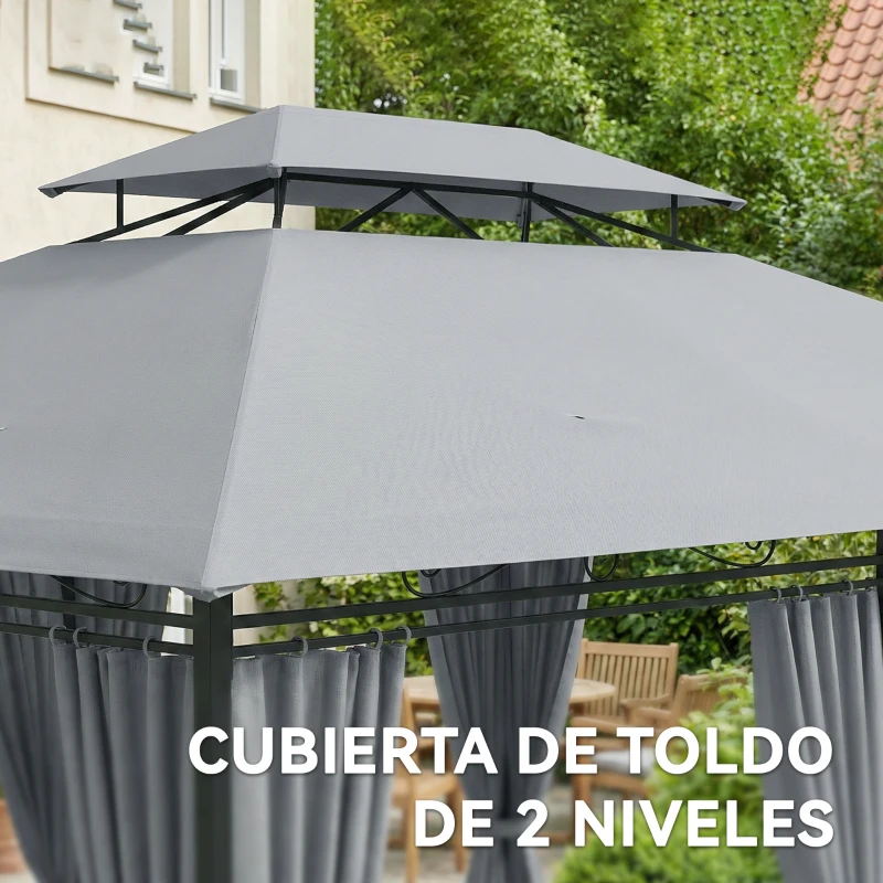 Outsunny Cenador para Jardín 3x4 m Pabellón de Jardín Gazebo con Doble Techo 6 Paredes Laterales Estructura Metálica Gris Oscuro