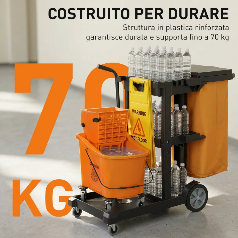 HOMCOM Carrello Pulizie: Ruote, 3 Ripiani, Sacco 70L, Secchio con Strizzatore.