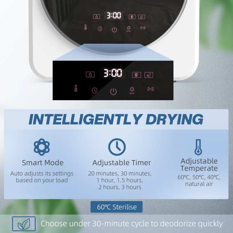 HOMCOM 4 kg Vented Tumble Dryer, 800W Compact Freestanding Front Tumble Dryer with Stainless Steel Tub and Customisable Timer, Wall-Mounted Portable Small Clothes Drying Machine, White