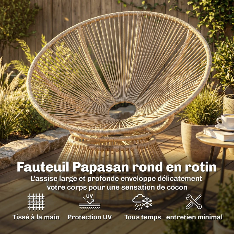 Outsunny Fauteuil Papasan Pivotant 360° Fauteuil de Jardin en Polyrotin Coussin Moelleux 12cm 93 x 81 x 87 cm Naturel