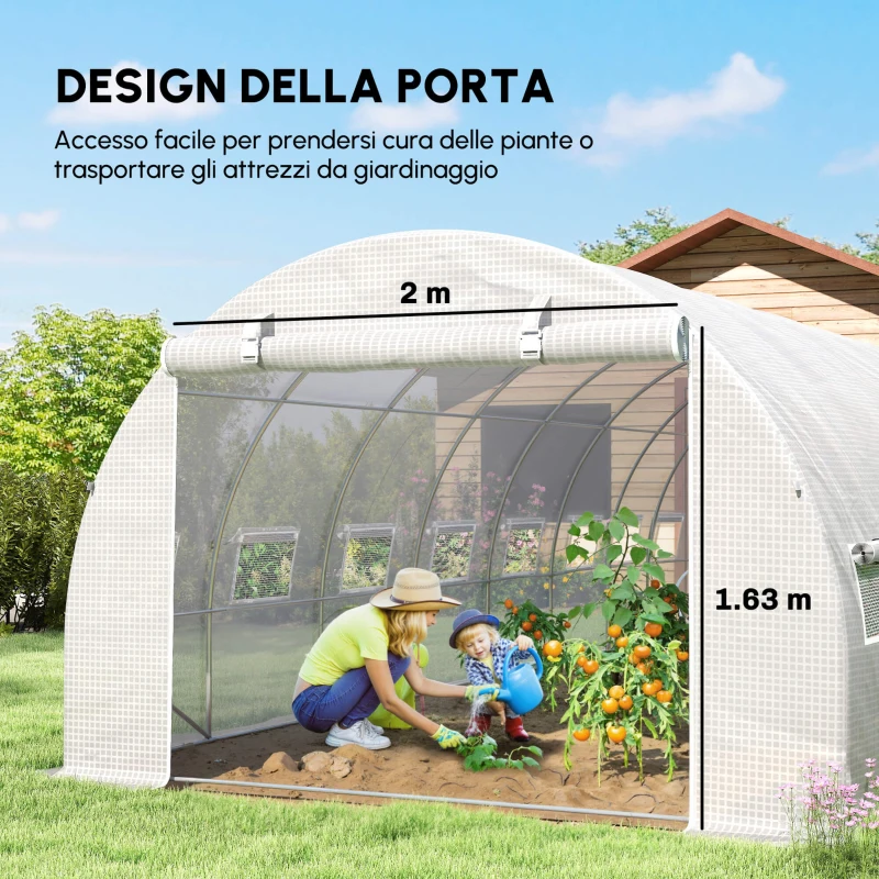 Outsunny Serra tunnel da giardino 24m² 8L x 3l x 2H m - 16 finestre, Porta avvolgibile con zip acciaio zincato, telo PE, Bianco