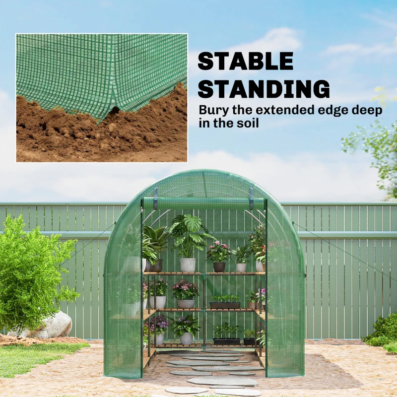 Outsunny Rundbogen-Gewächshaus, 6 Netzfenster, transparente Folie, Metallrahmen, 3,95 x 1,95 x 1,90m, Grün