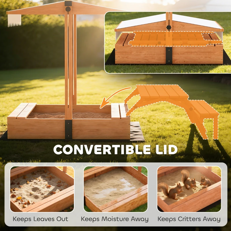 AIYAPLAY Piaskownica z dachem Piaskownica z drewna ze składanym stołem piknikowym i ławkami dla dzieci w wieku 3-8 lat 184 x 110 x 120 cm Brązowa