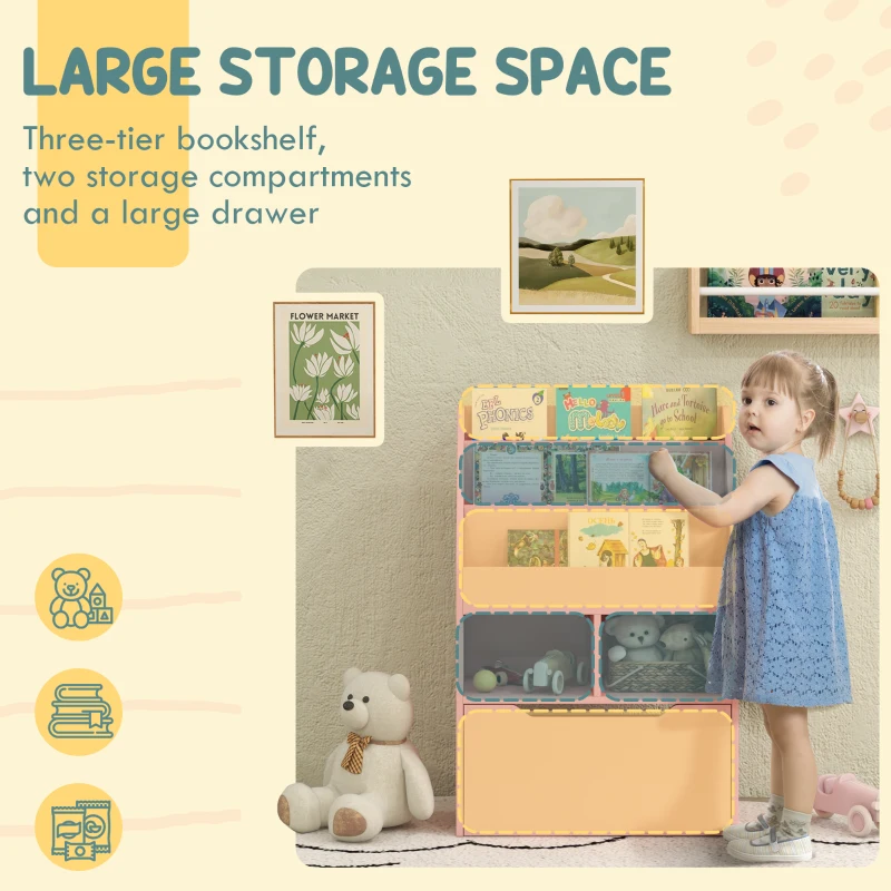 HOMCOM Regał dla dzieci z szufladą, regał na książki z przegrodami, 60 x 29,9 x 90 cm, Różowy