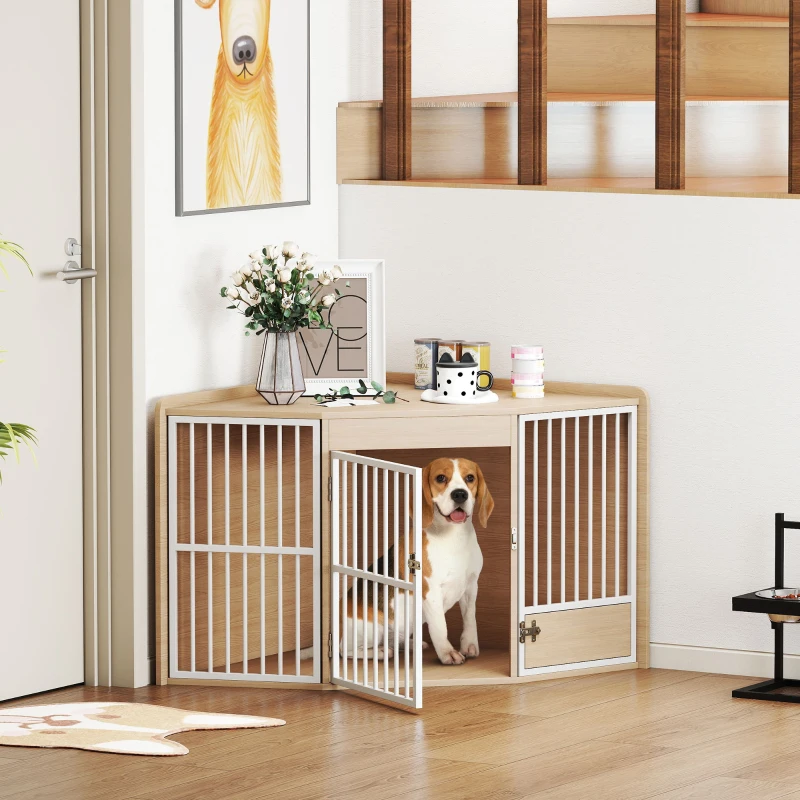 PawHut Cage d'angle pour chien, table d'appoint, avec porte rotative, pour petits et moyens chiens 113 x 80 x 64 cm, chêne