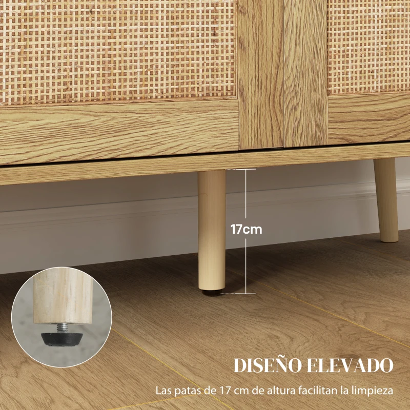 HOMCOM Aparador para Salón Bohemio con Puertas de Ratán y Estantes Ajustables 120x40x75 cm Madera Natural