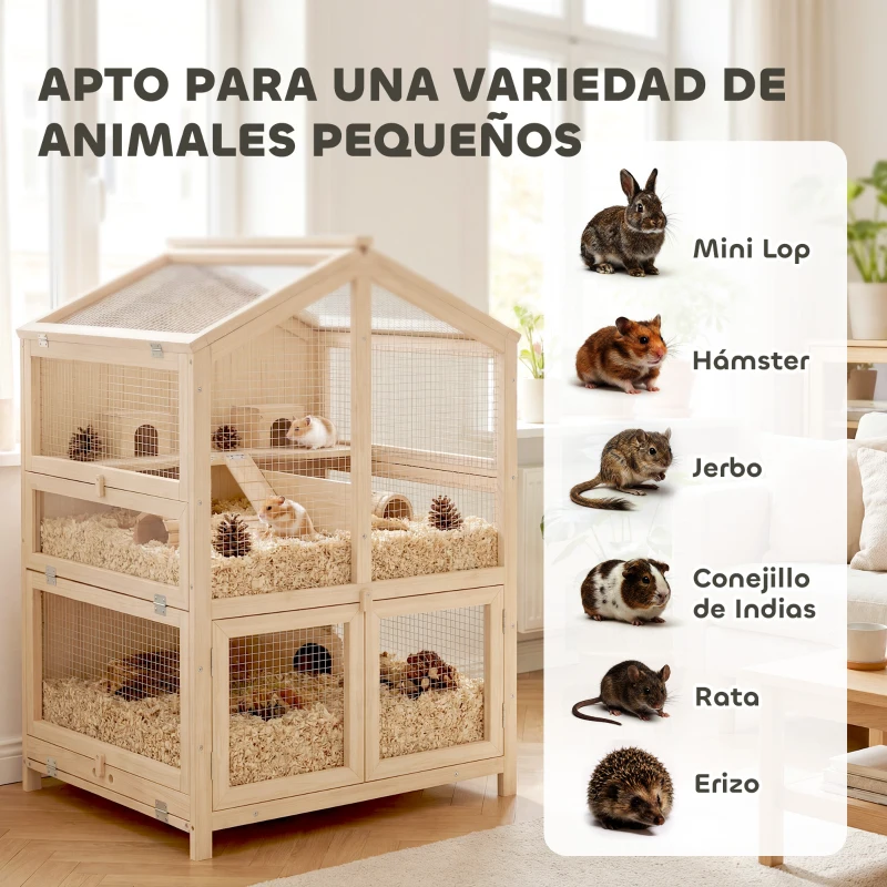 PawHut Jaula para Hámster de Madera de 3 Niveles con Bebederos Casetas Balancines Bandeja Extraíble y Tapas Abatibles Natural