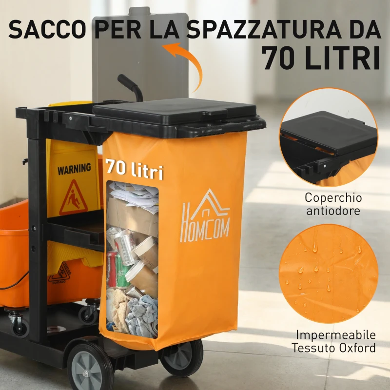 HOMCOM Carrello Pulizie: Ruote, 3 Ripiani, Sacco 70L, Secchio con Strizzatore.
