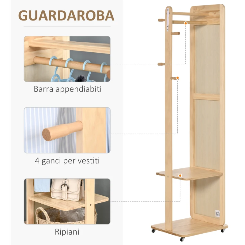 HOMCOM Specchio A Terra Con Ruote - Appendiabiti, 4 Ganci Ripiano MDF Effetto Legno Chiaro