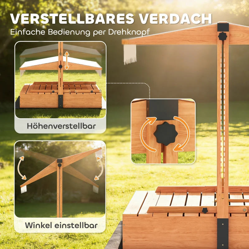 AIYAPLAY Sandkasten mit Dach Sandkiste aus Holz mit klappbarem Picknicktisch Sitzbänken für 3-8 Jahre 184 x 110 x 120 cm Braun