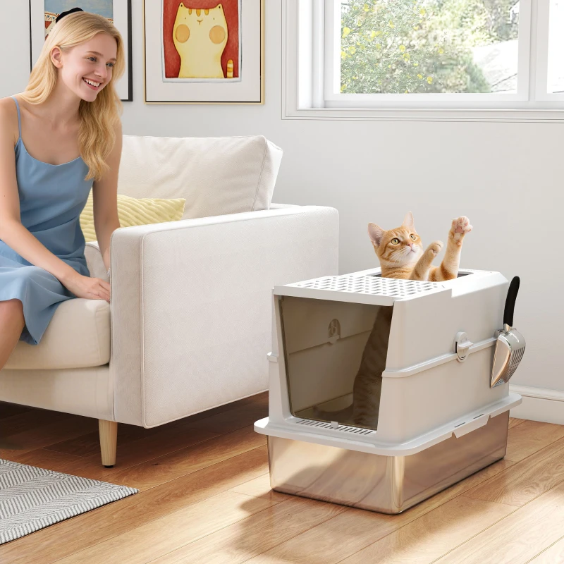 PawHut Bac à litière pour chat fermé, maison de toilette pour chat en acier inoxydable, 60,2 x 40,2 x 43,7 cm, gris clair