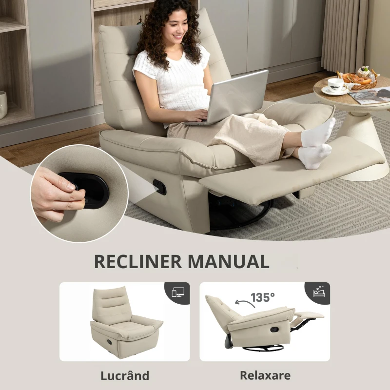 HOMCOM Fotoliu Relax Reclinabil Manual cu Suport pentru Picioare și Bază Rotativă Fără Brațe, Crem