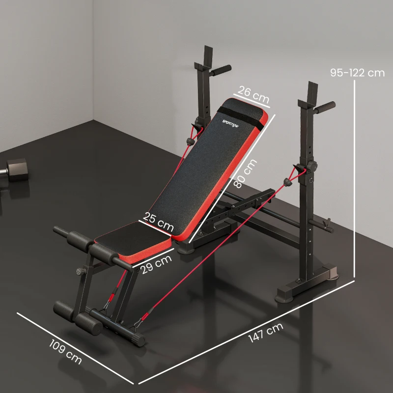 SPORTNOW Banco de Musculación Multifuncional con Soporte para Barra Ajustable y Respaldo Regulable para Casa Gimnasio