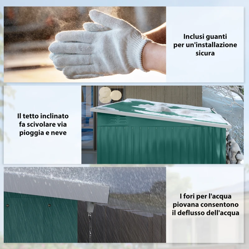 Outsunny Capanno metallico per deposito attrezzi da giardino, con finestra, porta larga, 260 x 177 x 190 cm, Verde