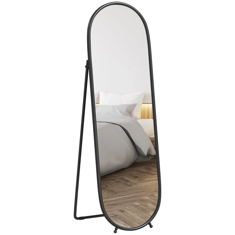 HOMCOM Grand miroir sur pied, miroir ovale, cadre en métal noir, avec support pour entrée, chambre, dressing, 40 x 160 cm