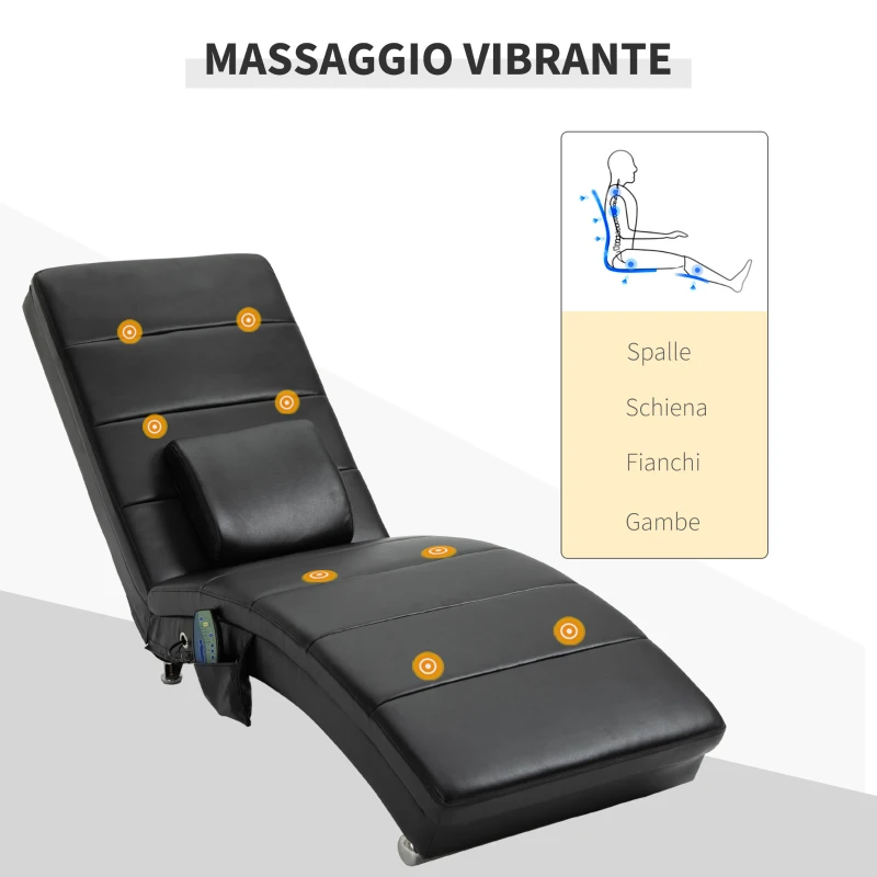HOMCOM Poltrona Relax con Funzione Massaggio, Schienale Alto, Cuscino Incluso, Ecopelle, Metallo, Schiuma, 58 x 163 x 87 cm, Nero