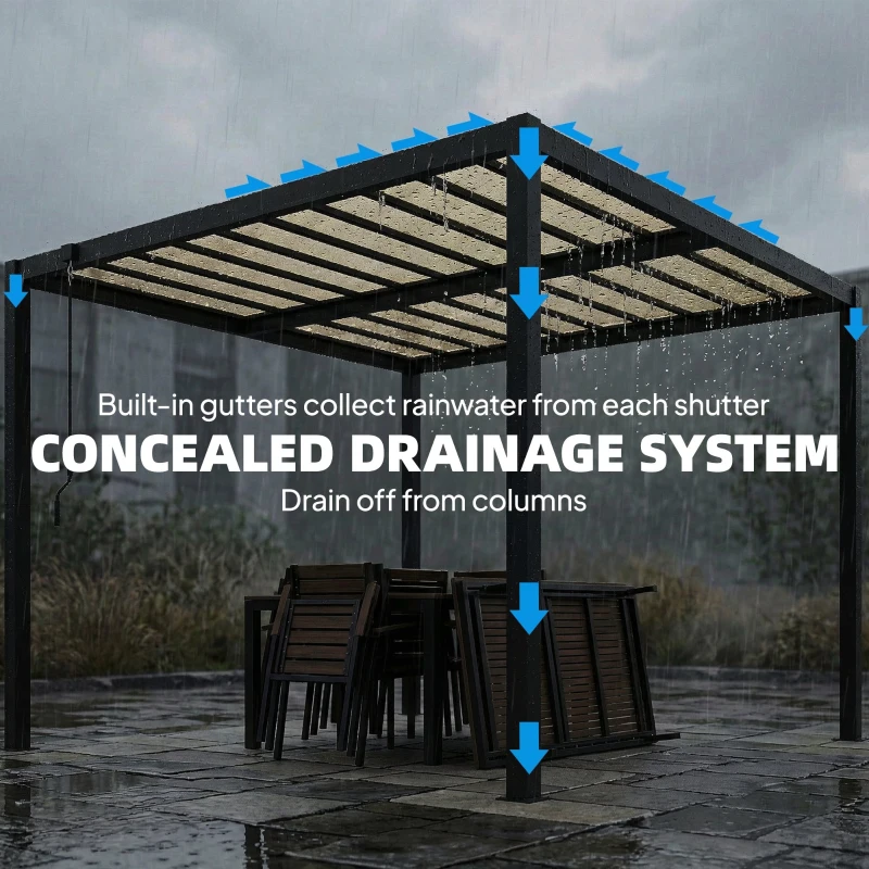 Outsunny 3 x 3 m Louvered Pergola with PC Roof, Aluminium Patio Gazebo Pergola Canopy with Drainage Gutters, Handle, Coffee