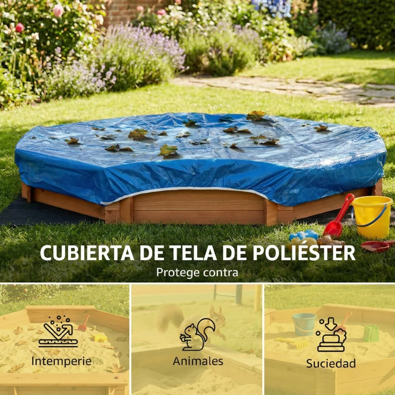 Outsunny Arenero de Madera para Niños de 3-8 Años con Cubierta de Poliéster para Patio Jardín 139,5x139,5x21,5 cm Rojo y Azul