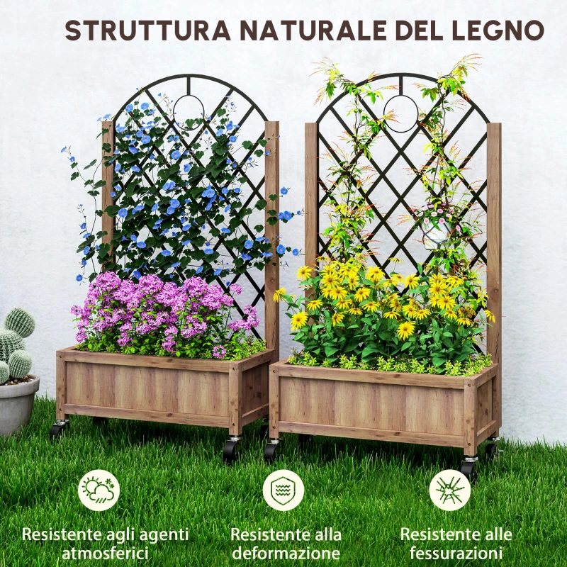 Outsunny Set da 2 Letti Rialzati con Ruote, Griglia di Supporto, Fioriera a Traliccio in Legno 152x25x97cm Marrone